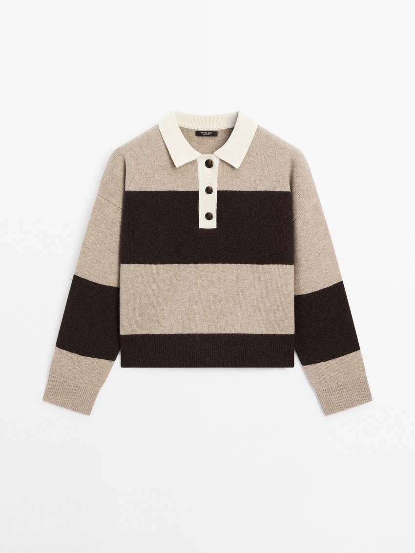 Massimo Dutti Striped Knitted Polo Neck Women Sweater Dark Brown / Beige | US-MX7138642