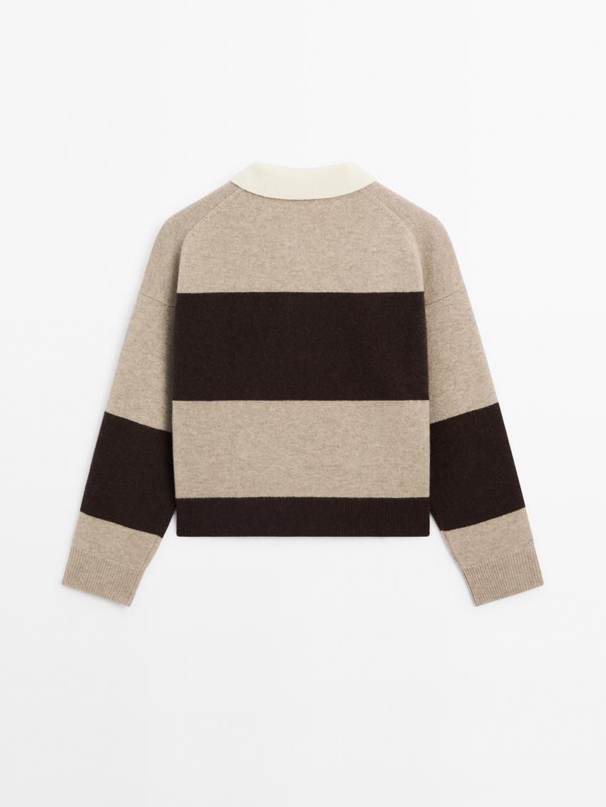Massimo Dutti Striped Knitted Polo Neck Women Sweater Dark Brown / Beige | US-MX7138642