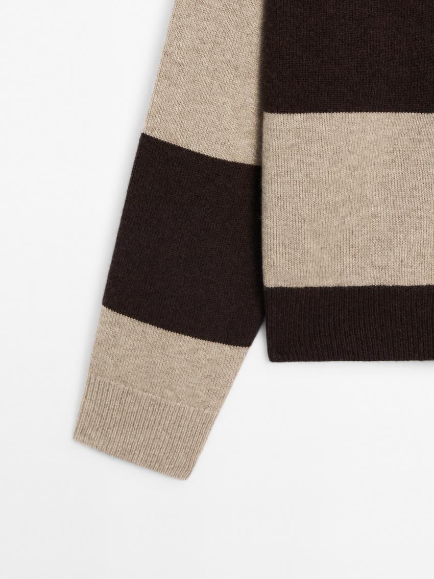 Massimo Dutti Striped Knitted Polo Neck Women Sweater Dark Brown / Beige | US-MX7138642