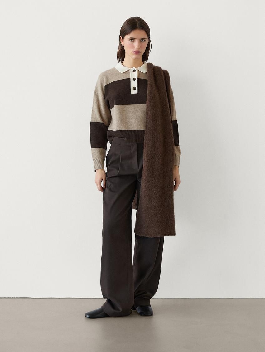 Massimo Dutti Striped Knitted Polo Neck Women Sweater Dark Brown / Beige | US-MX7138642