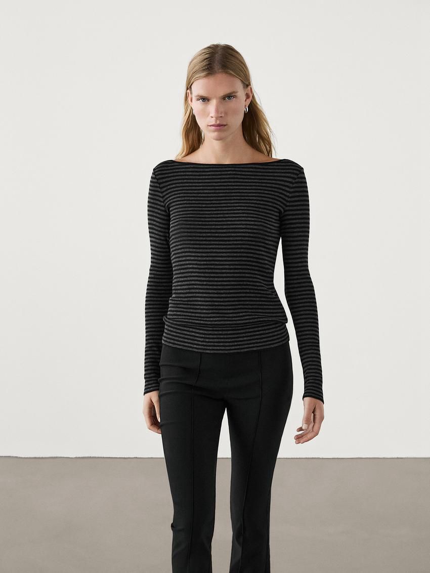 Massimo Dutti Striped Long Sleeve Wool Women T-Shirt Black | US-UP0658279
