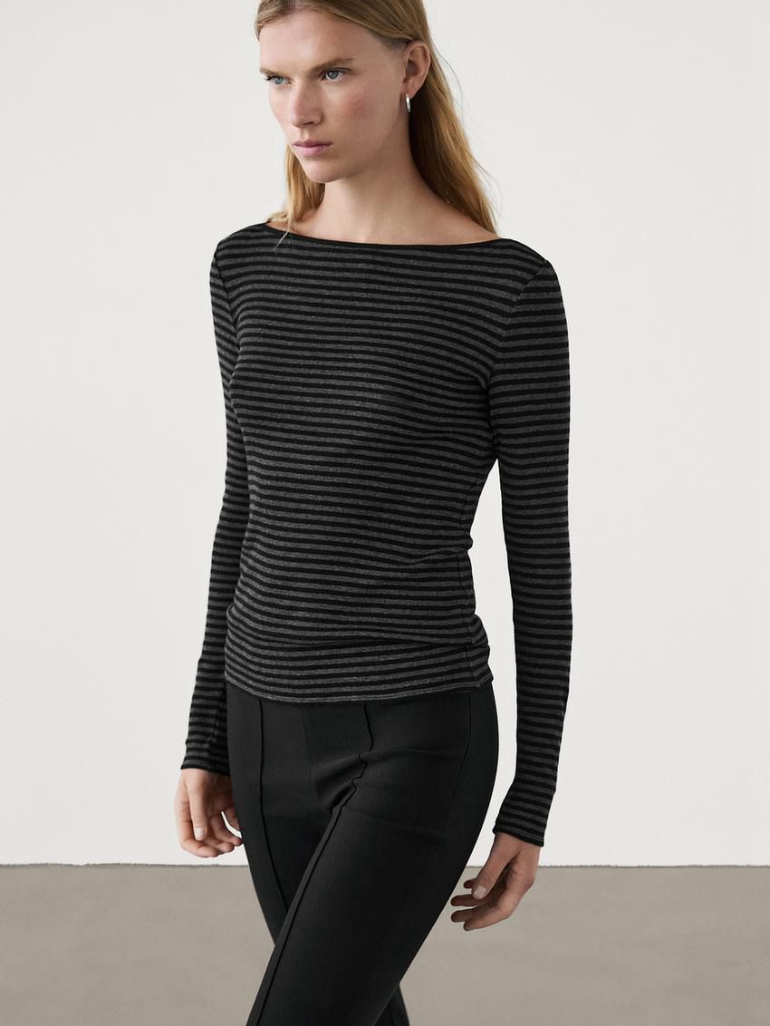 Massimo Dutti Striped Long Sleeve Wool Women T-Shirt Black | US-UP0658279