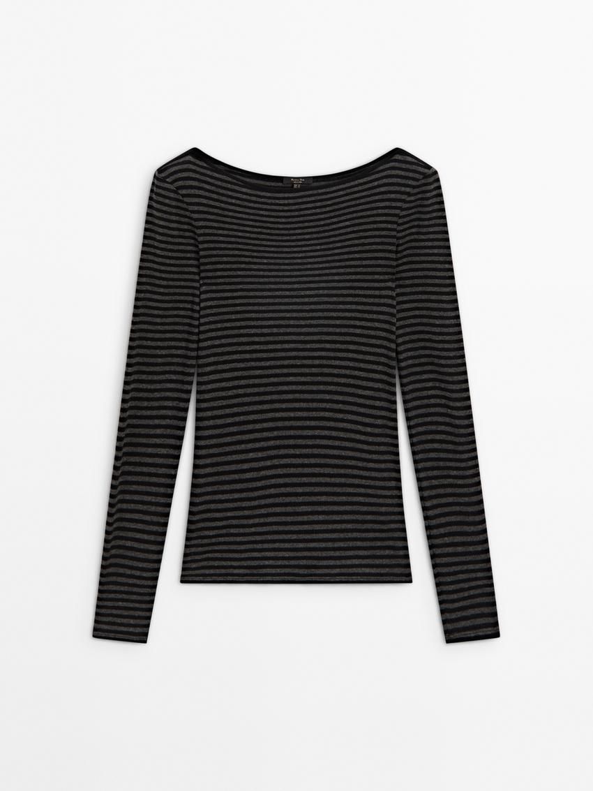 Massimo Dutti Striped Long Sleeve Wool Women T-Shirt Black | US-UP0658279
