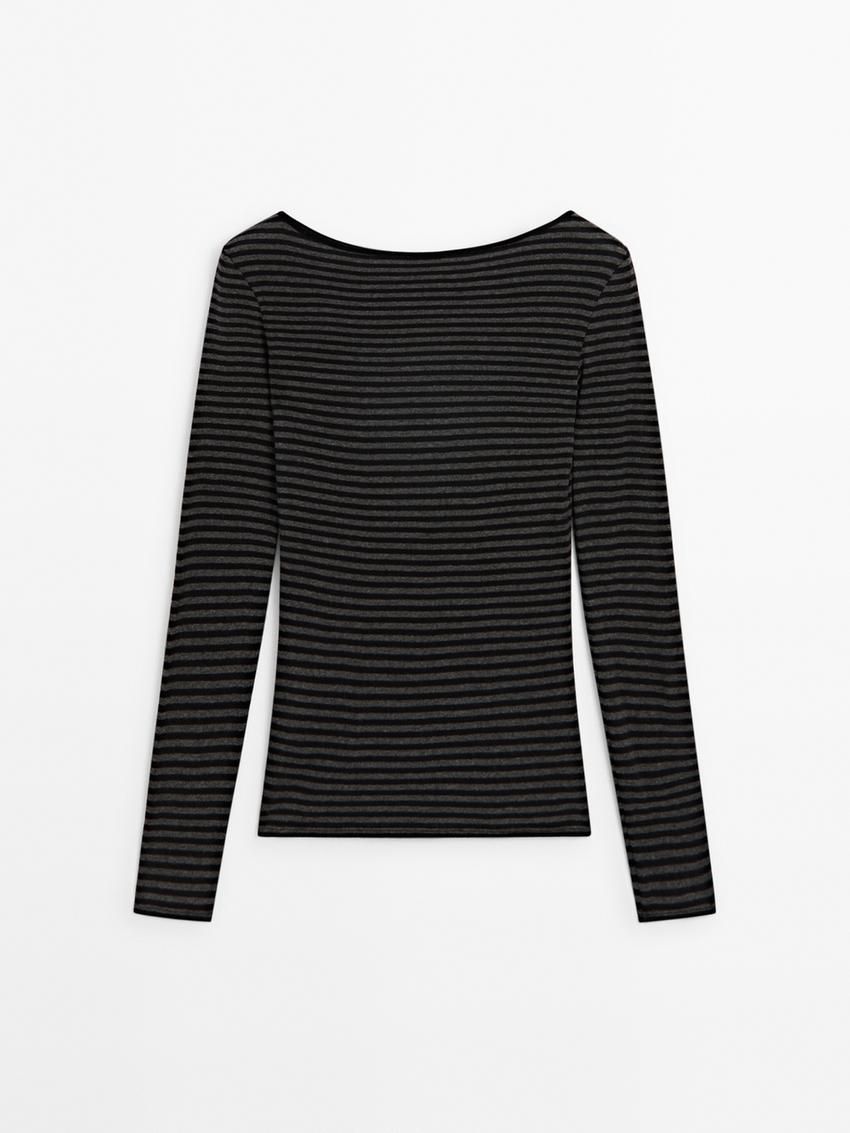 Massimo Dutti Striped Long Sleeve Wool Women T-Shirt Black | US-UP0658279