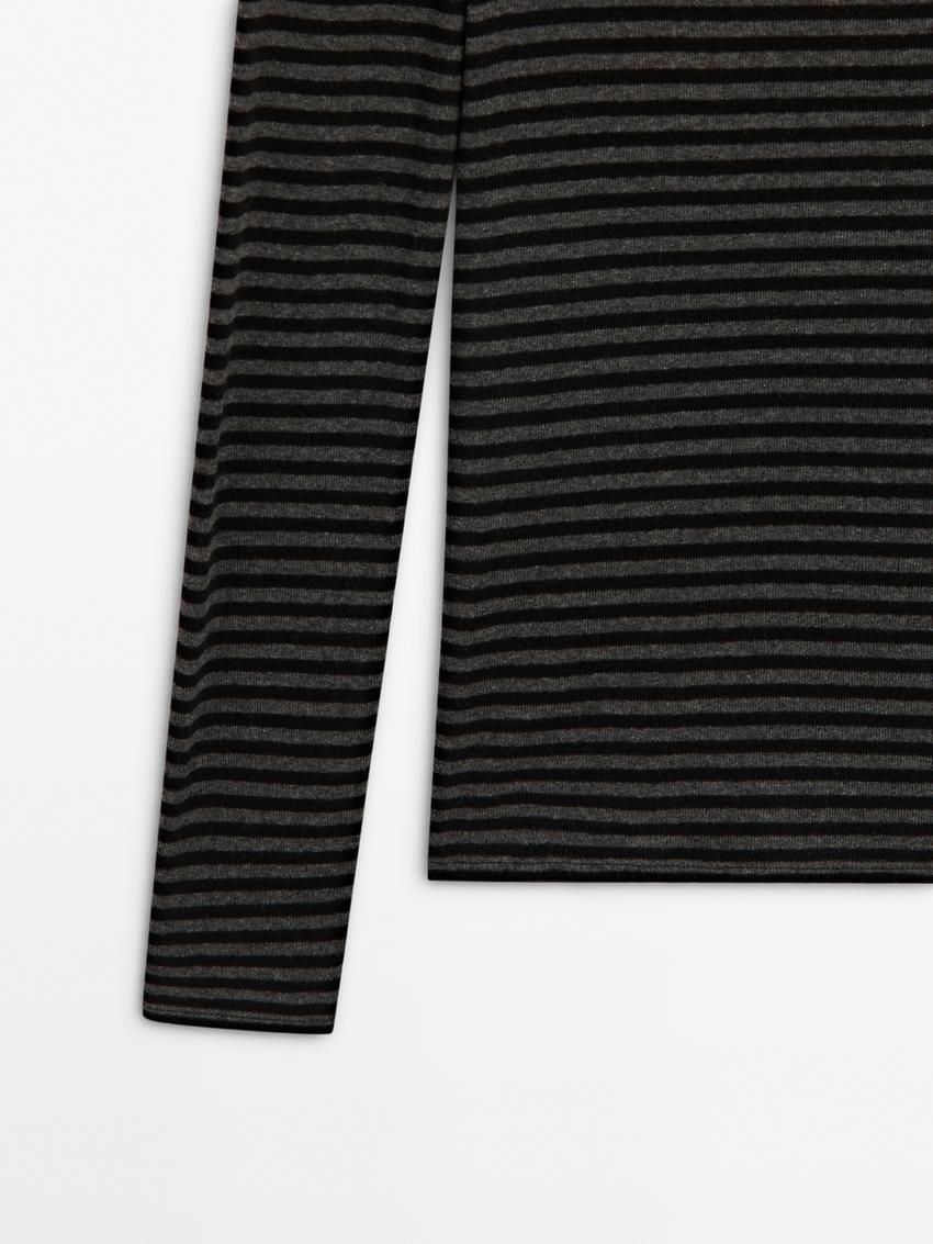 Massimo Dutti Striped Long Sleeve Wool Women T-Shirt Black | US-UP0658279