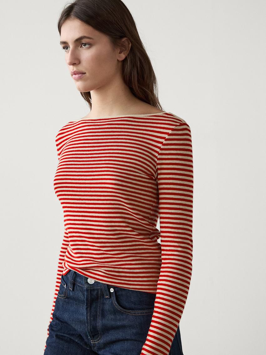 Massimo Dutti Striped Long Sleeve Wool Women T-Shirt Red | US-GJ9758320