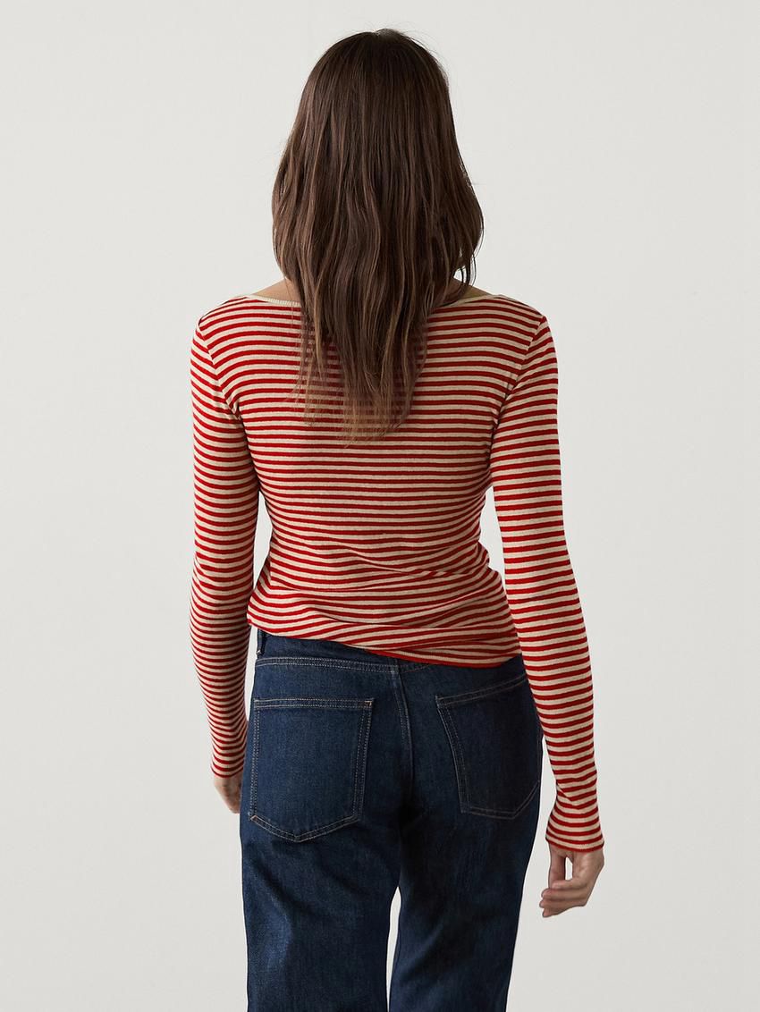 Massimo Dutti Striped Long Sleeve Wool Women T-Shirt Red | US-GJ9758320