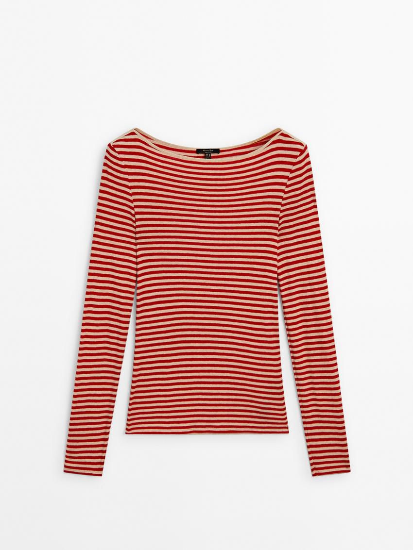 Massimo Dutti Striped Long Sleeve Wool Women T-Shirt Red | US-GJ9758320