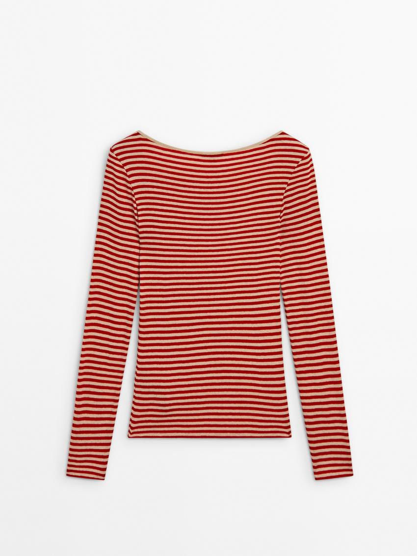 Massimo Dutti Striped Long Sleeve Wool Women T-Shirt Red | US-GJ9758320