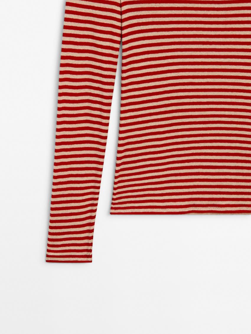 Massimo Dutti Striped Long Sleeve Wool Women T-Shirt Red | US-GJ9758320