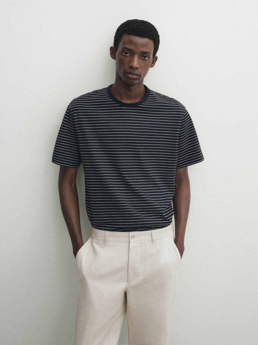 Massimo Dutti Striped Medium Weight Cotton Men T-Shirt Navy | US-SZ9084517