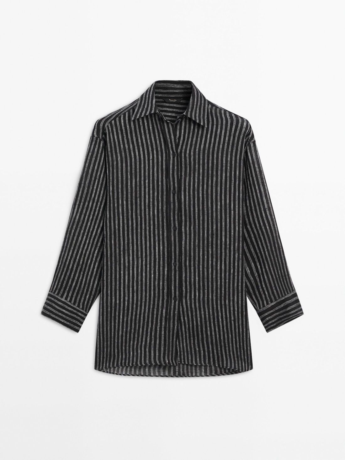 Massimo Dutti Striped Oversize Linen Blend Women Blouse Black | US-ZB5379148