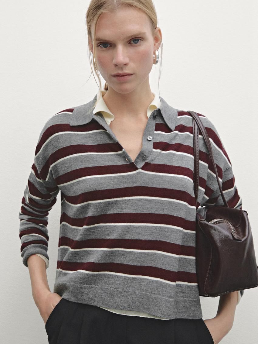 Massimo Dutti Striped Polo Neck Knitted Women Jumpers Grey / Burgundy | US-DL4538617