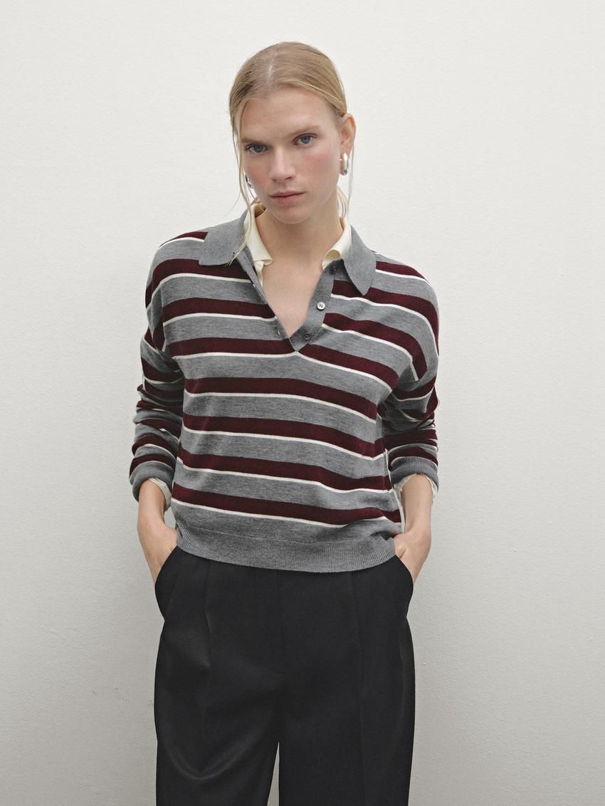 Massimo Dutti Striped Polo Neck Knitted Women Jumpers Grey / Burgundy | US-DL4538617
