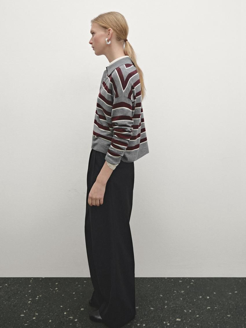 Massimo Dutti Striped Polo Neck Knitted Women Jumpers Grey / Burgundy | US-DL4538617