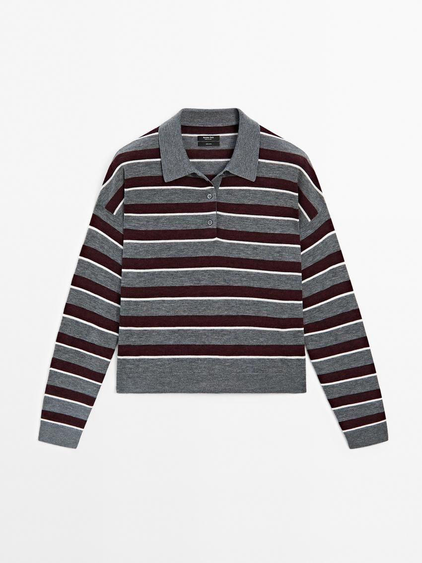 Massimo Dutti Striped Polo Neck Knitted Women Jumpers Grey / Burgundy | US-DL4538617