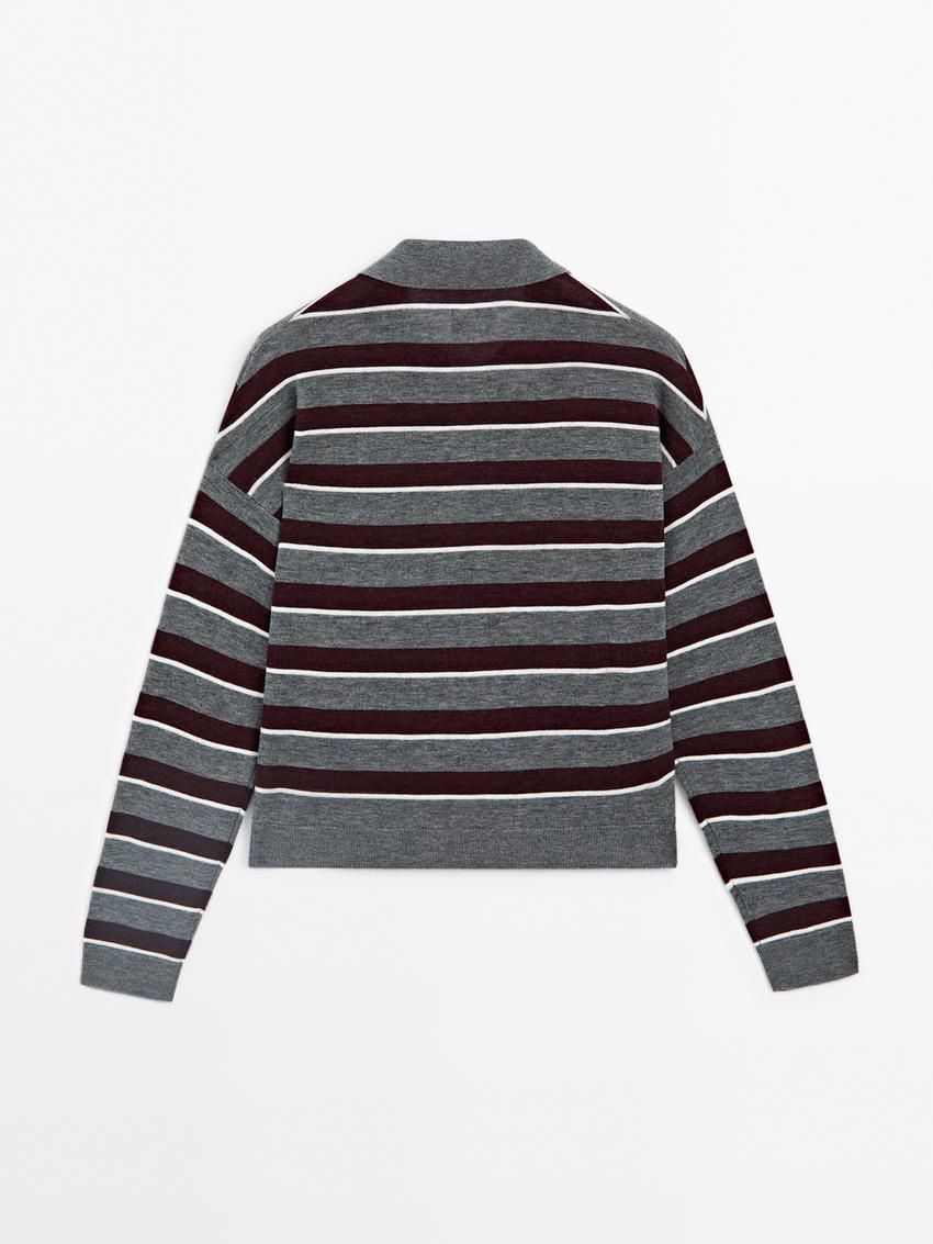Massimo Dutti Striped Polo Neck Knitted Women Jumpers Grey / Burgundy | US-DL4538617