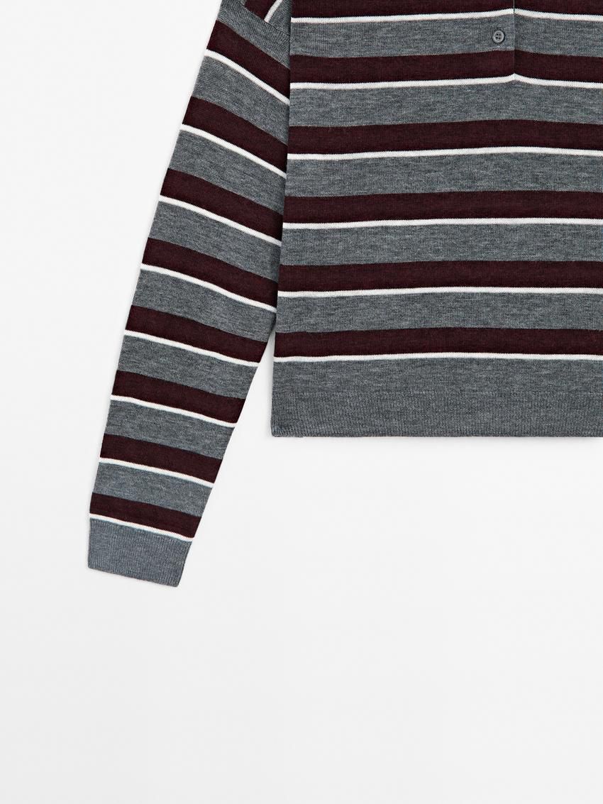 Massimo Dutti Striped Polo Neck Knitted Women Jumpers Grey / Burgundy | US-DL4538617