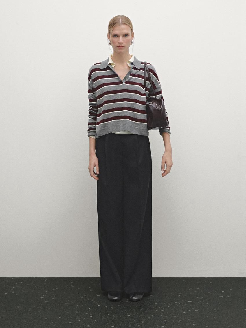 Massimo Dutti Striped Polo Neck Knitted Women Jumpers Grey / Burgundy | US-DL4538617