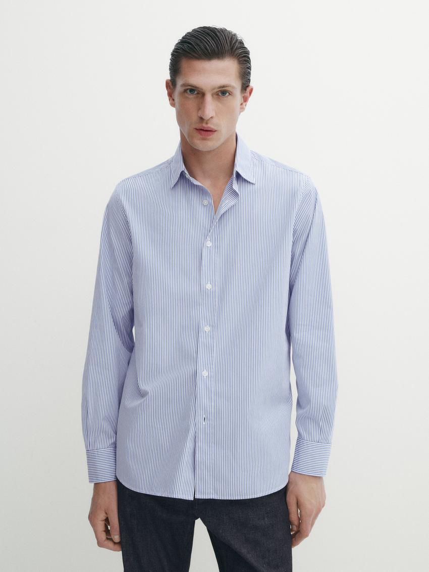 Massimo Dutti Striped Poplin Men Shirts Blue | US-TI2360179