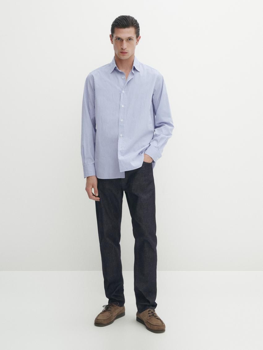 Massimo Dutti Striped Poplin Men Shirts Blue | US-TI2360179