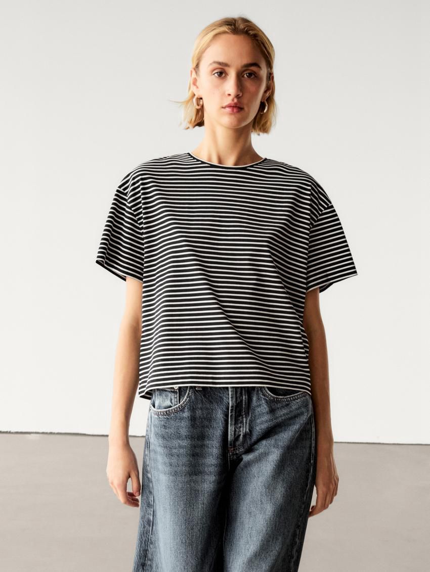Massimo Dutti Striped Short Sleeve Women T-Shirt Black / White | US-ZF1978560