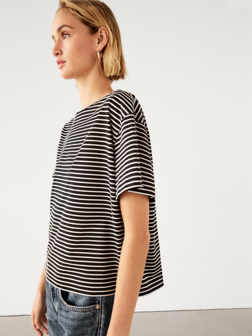 Massimo Dutti Striped Short Sleeve Women T-Shirt Black / White | US-ZF1978560