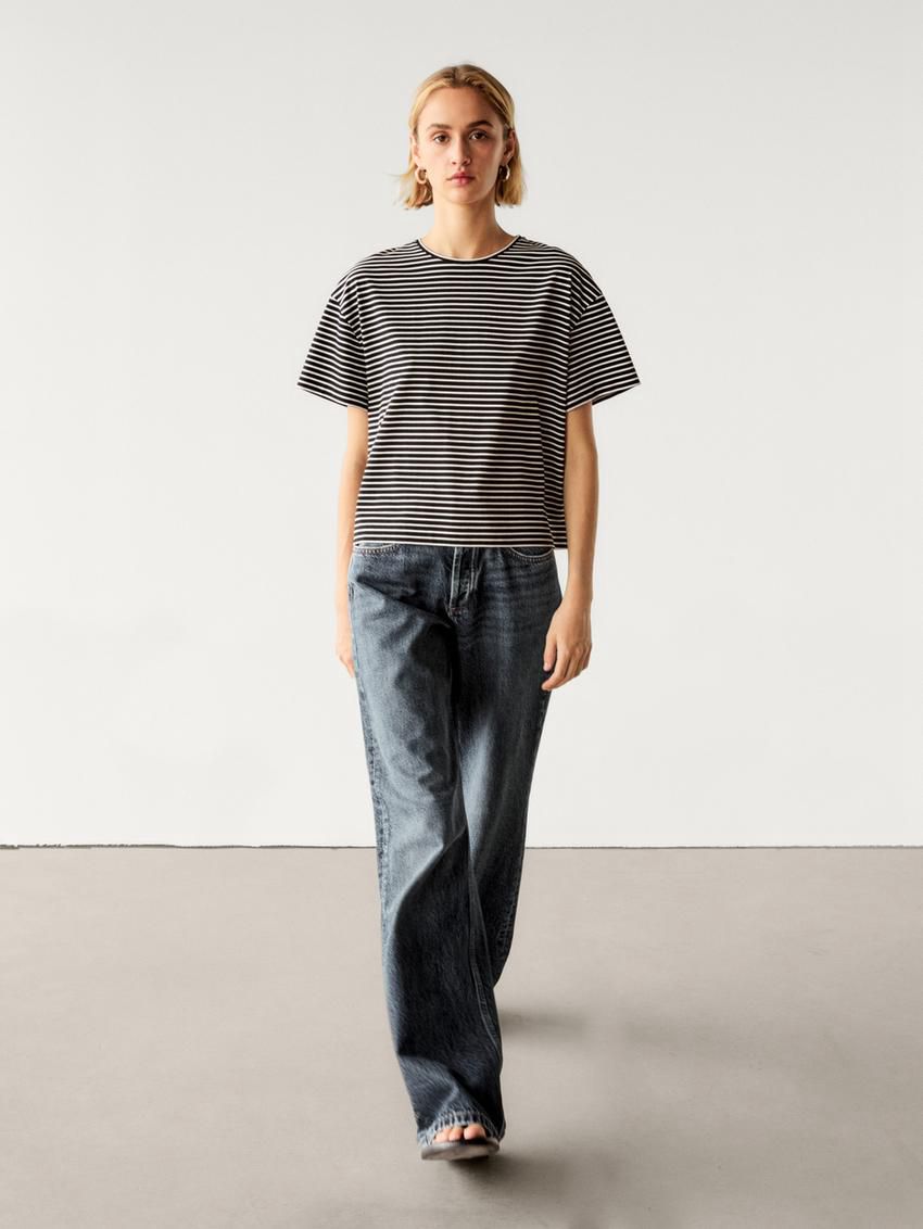 Massimo Dutti Striped Short Sleeve Women T-Shirt Black / White | US-ZF1978560