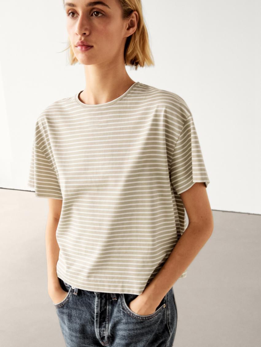 Massimo Dutti Striped Short Sleeve Women T-Shirt Khaki / White | US-XC3750914
