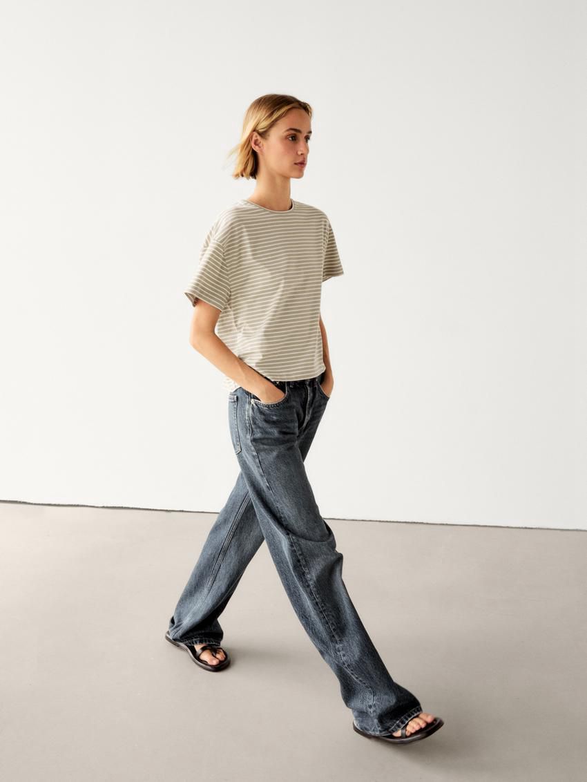 Massimo Dutti Striped Short Sleeve Women T-Shirt Khaki / White | US-XC3750914
