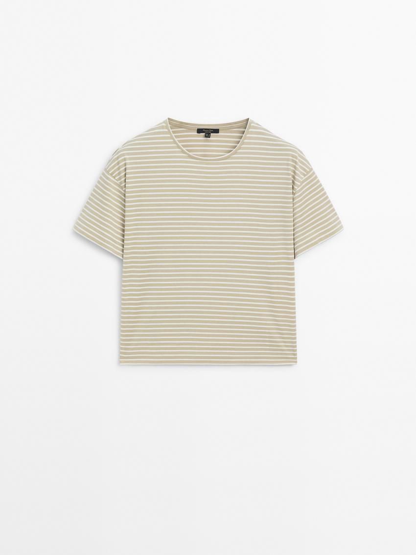 Massimo Dutti Striped Short Sleeve Women T-Shirt Khaki / White | US-XC3750914