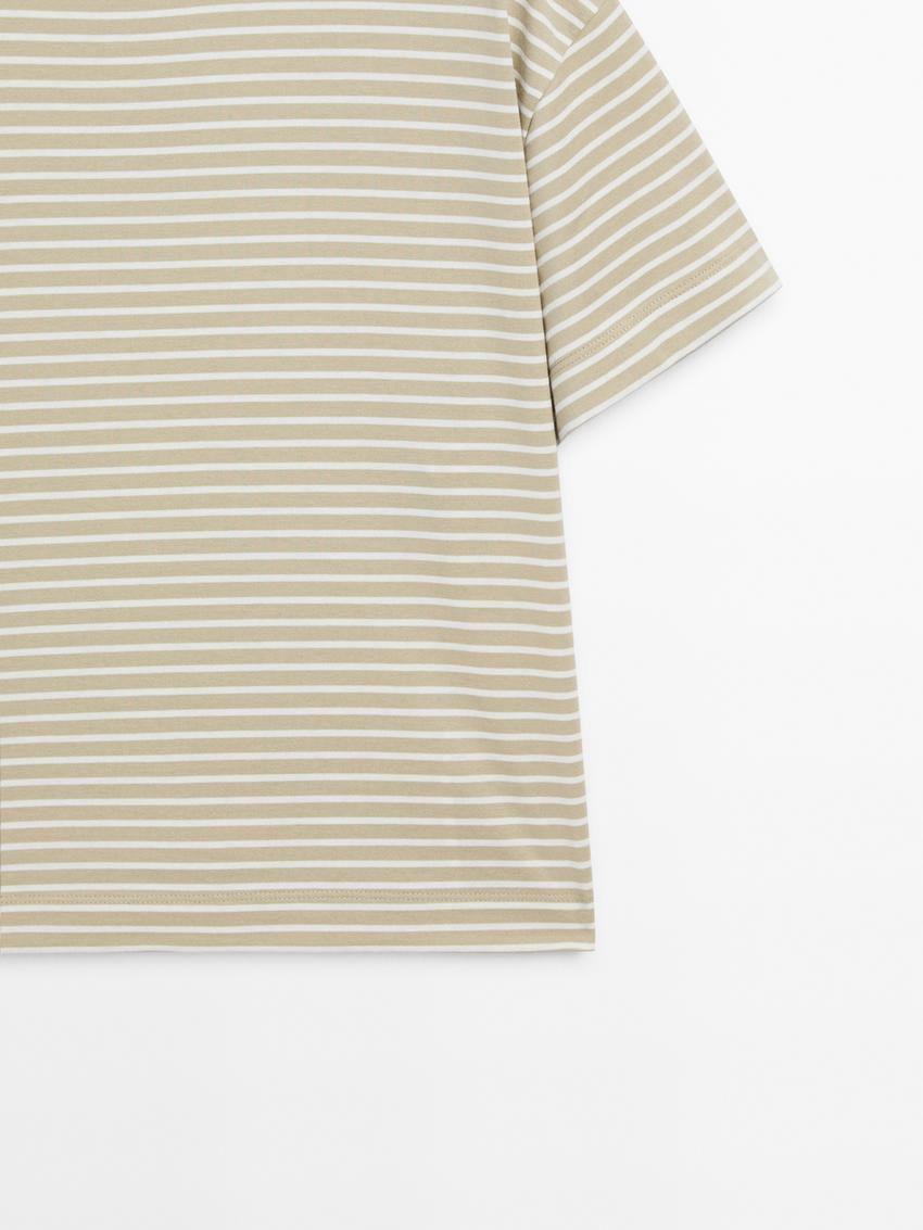 Massimo Dutti Striped Short Sleeve Women T-Shirt Khaki / White | US-XC3750914