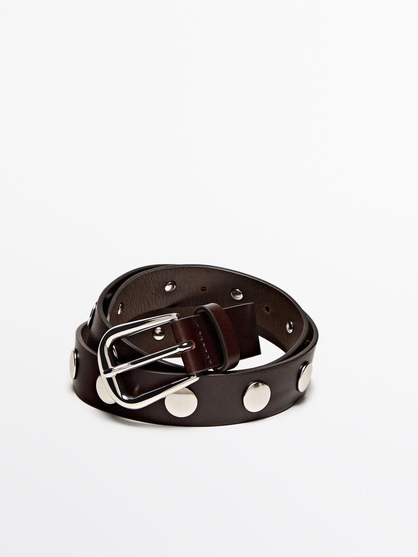 Massimo Dutti Studded Nappa Leather Women Belt Dark Brown | US-FJ2783910