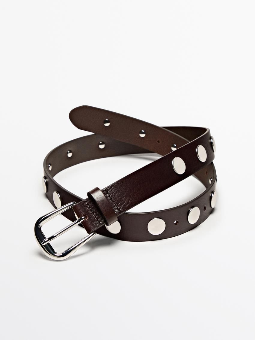 Massimo Dutti Studded Nappa Leather Women Belt Dark Brown | US-FJ2783910