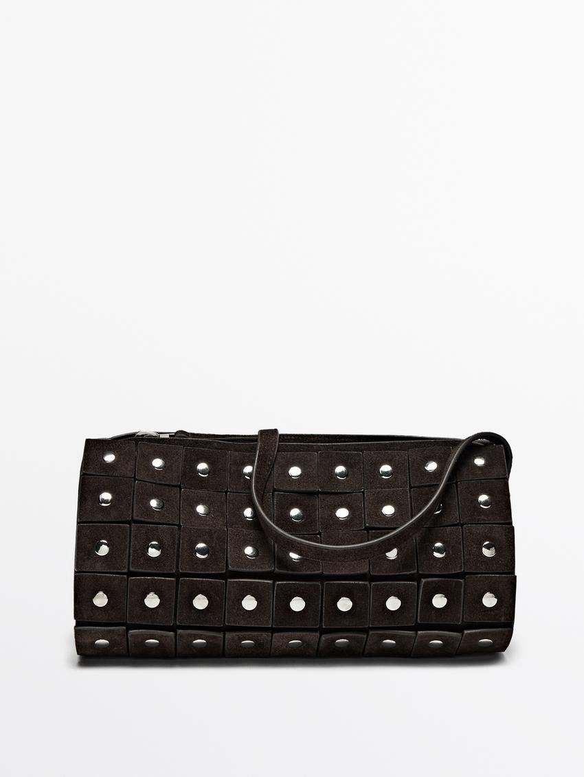 Massimo Dutti Studded Split Suede Barrel Women Handbag Dark Brown | US-UC1039248