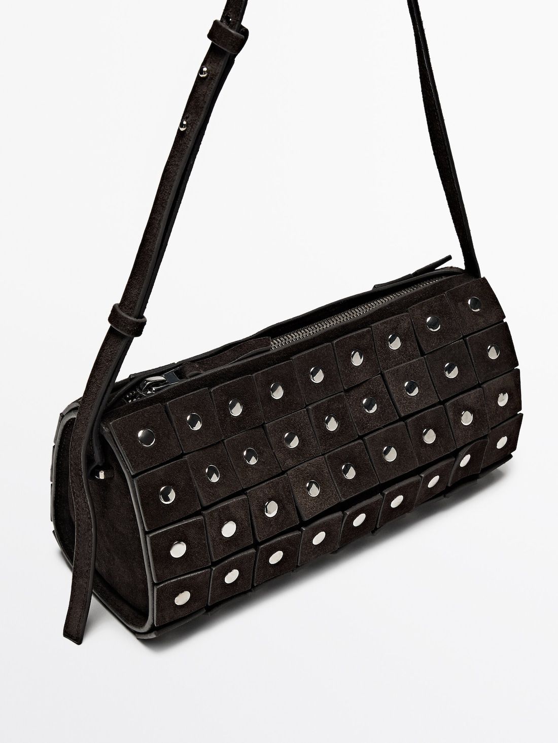 Massimo Dutti Studded Split Suede Barrel Women Handbag Dark Brown | US-UC1039248