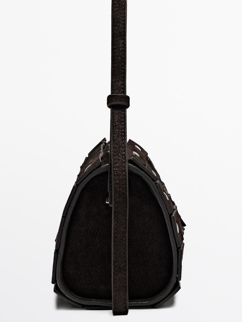 Massimo Dutti Studded Split Suede Barrel Women Handbag Dark Brown | US-UC1039248