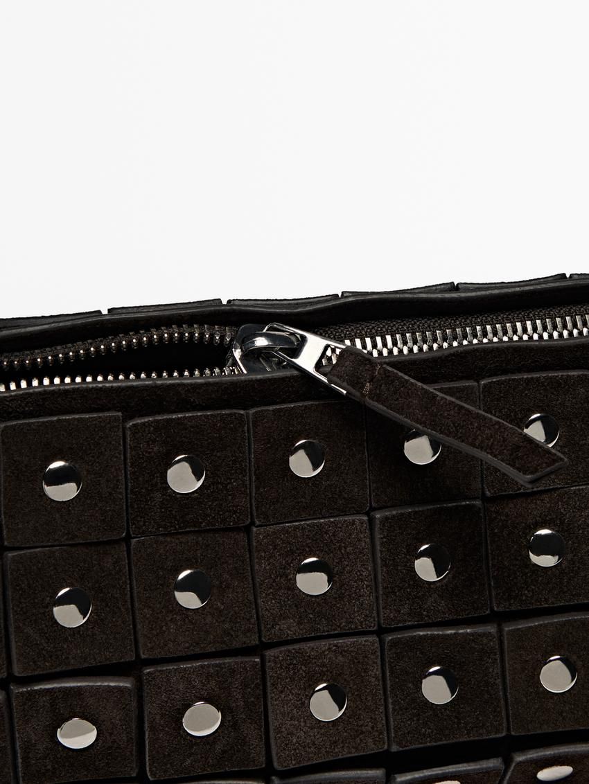 Massimo Dutti Studded Split Suede Barrel Women Handbag Dark Brown | US-UC1039248
