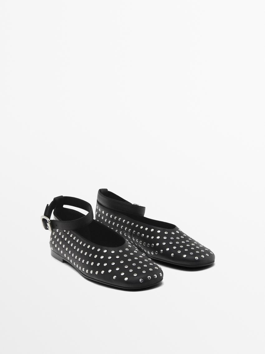 Massimo Dutti Studded With Ankle Strap Women Ballet Flats Black | US-JV7852094