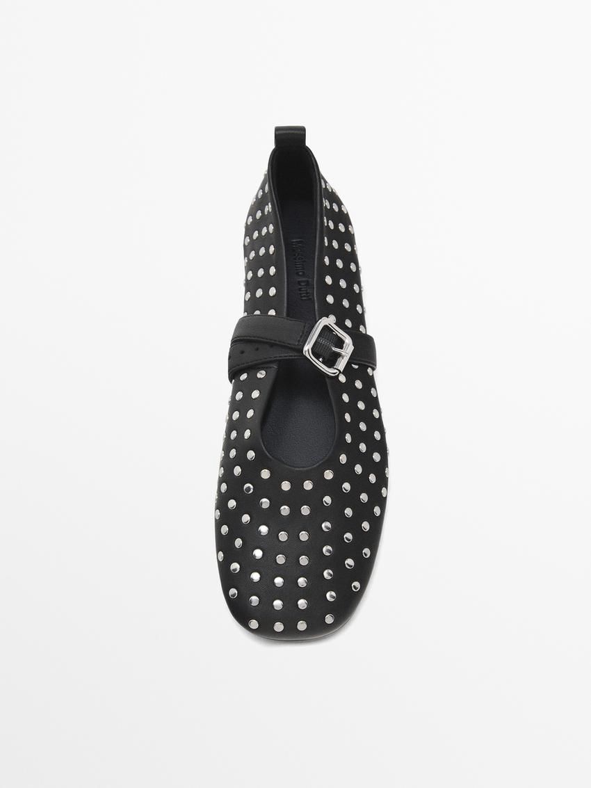 Massimo Dutti Studded With Ankle Strap Women Ballet Flats Black | US-JV7852094