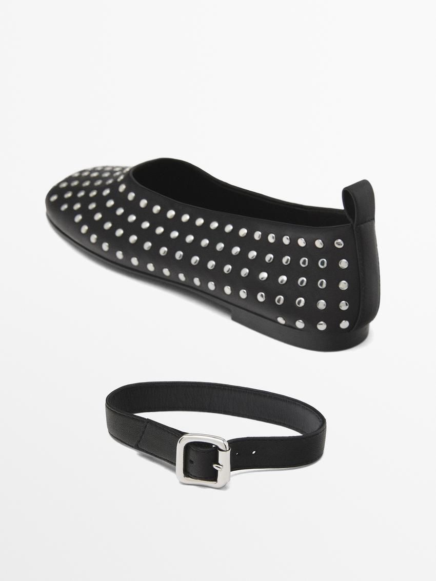 Massimo Dutti Studded With Ankle Strap Women Ballet Flats Black | US-JV7852094