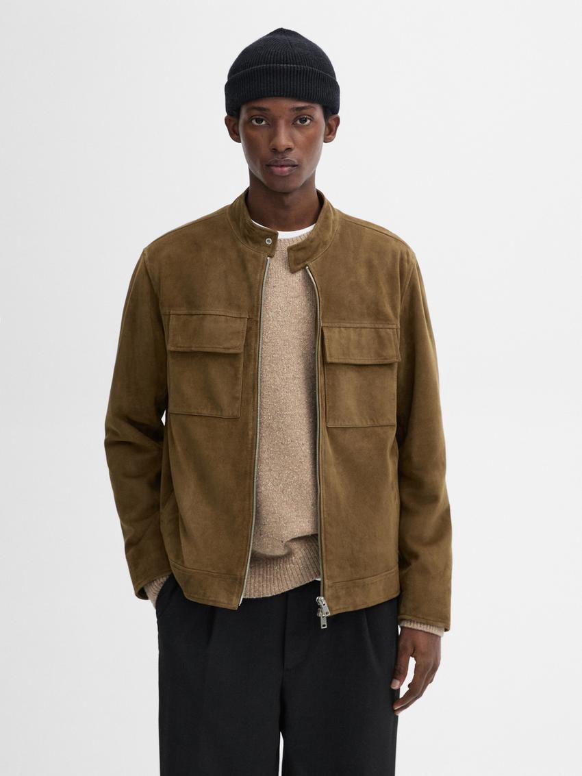 Massimo Dutti Suede Biker With Pockets Men Leather Jacket Brown | US-EY1639845