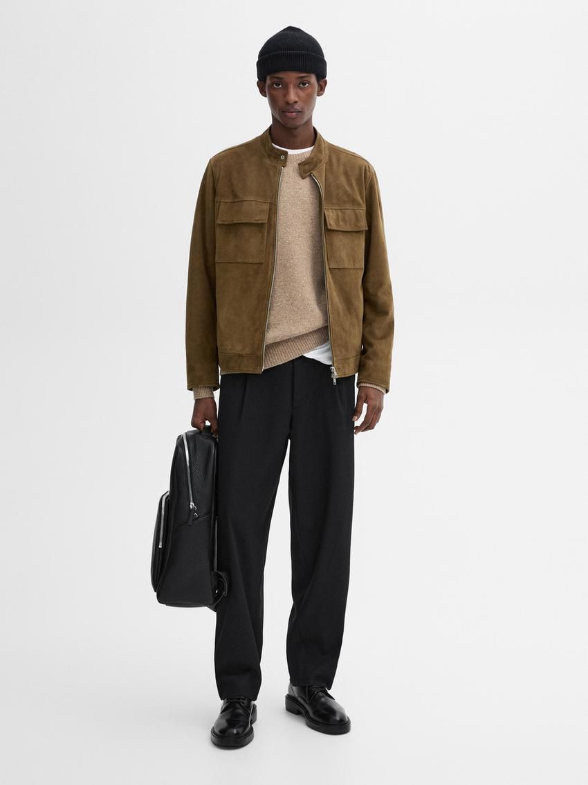 Massimo Dutti Suede Biker With Pockets Men Leather Jacket Brown | US-EY1639845