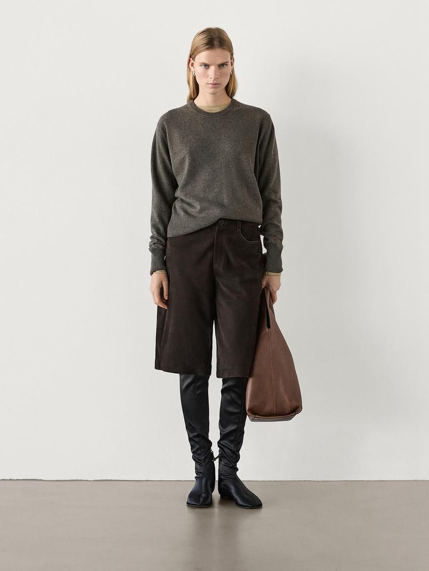 Massimo Dutti Suede Leather Bermuda Women Shorts Dark Brown | US-PL3896174