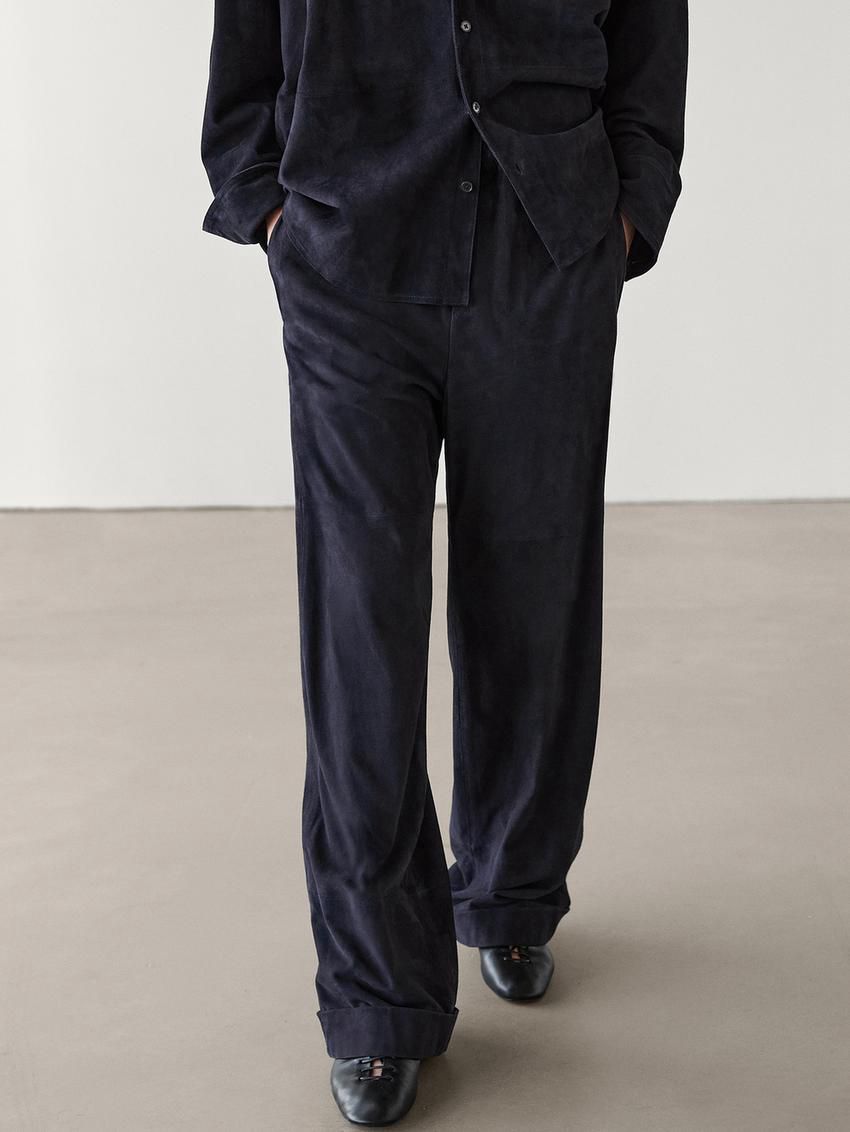 Massimo Dutti Suede Leather Co-ord Jogger Women Trousers Navy | US-LC3972146