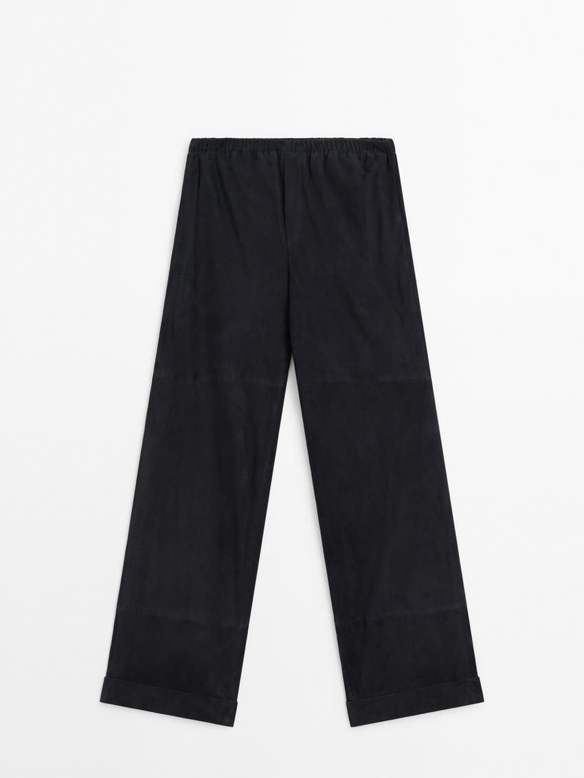Massimo Dutti Suede Leather Co-ord Jogger Women Trousers Navy | US-LC3972146