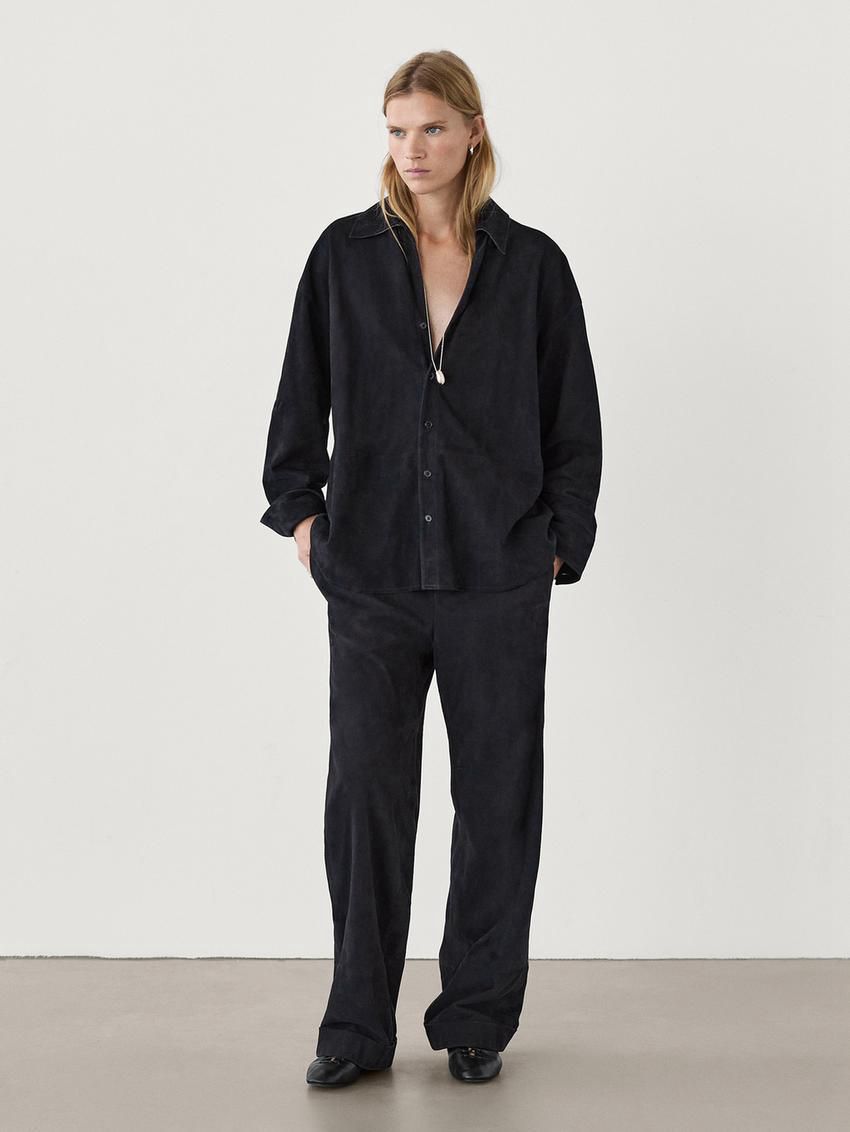 Massimo Dutti Suede Leather Co-ord Jogger Women Trousers Navy | US-LC3972146