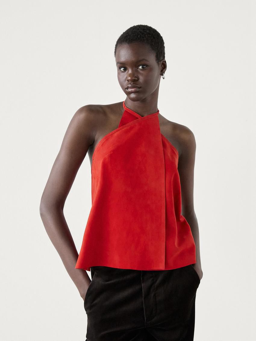 Massimo Dutti Suede Leather Crossover Halter Women Top Red | US-ZJ3289410
