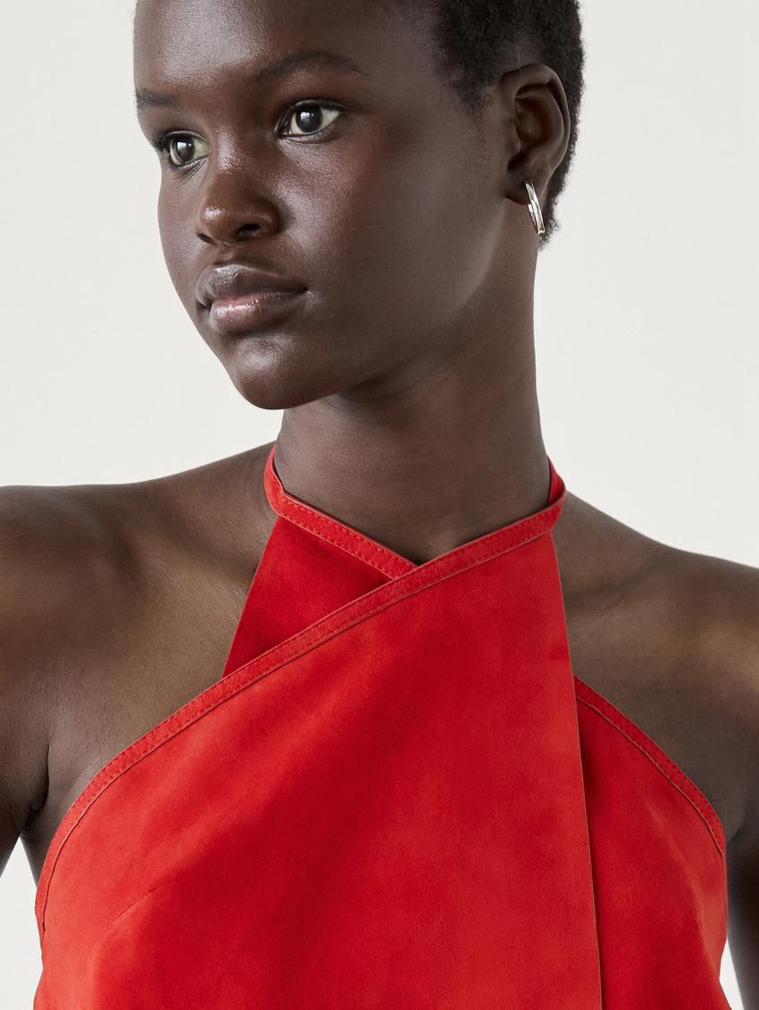 Massimo Dutti Suede Leather Crossover Halter Women Top Red | US-ZJ3289410