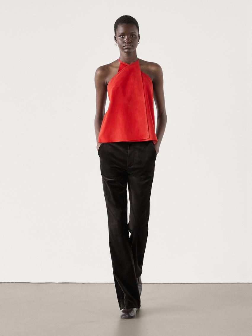 Massimo Dutti Suede Leather Crossover Halter Women Top Red | US-ZJ3289410